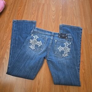 Miss Me Bootcut Denim Blue Jeans Women Size 27x29 (JP5016) Cut Cross Whiskers